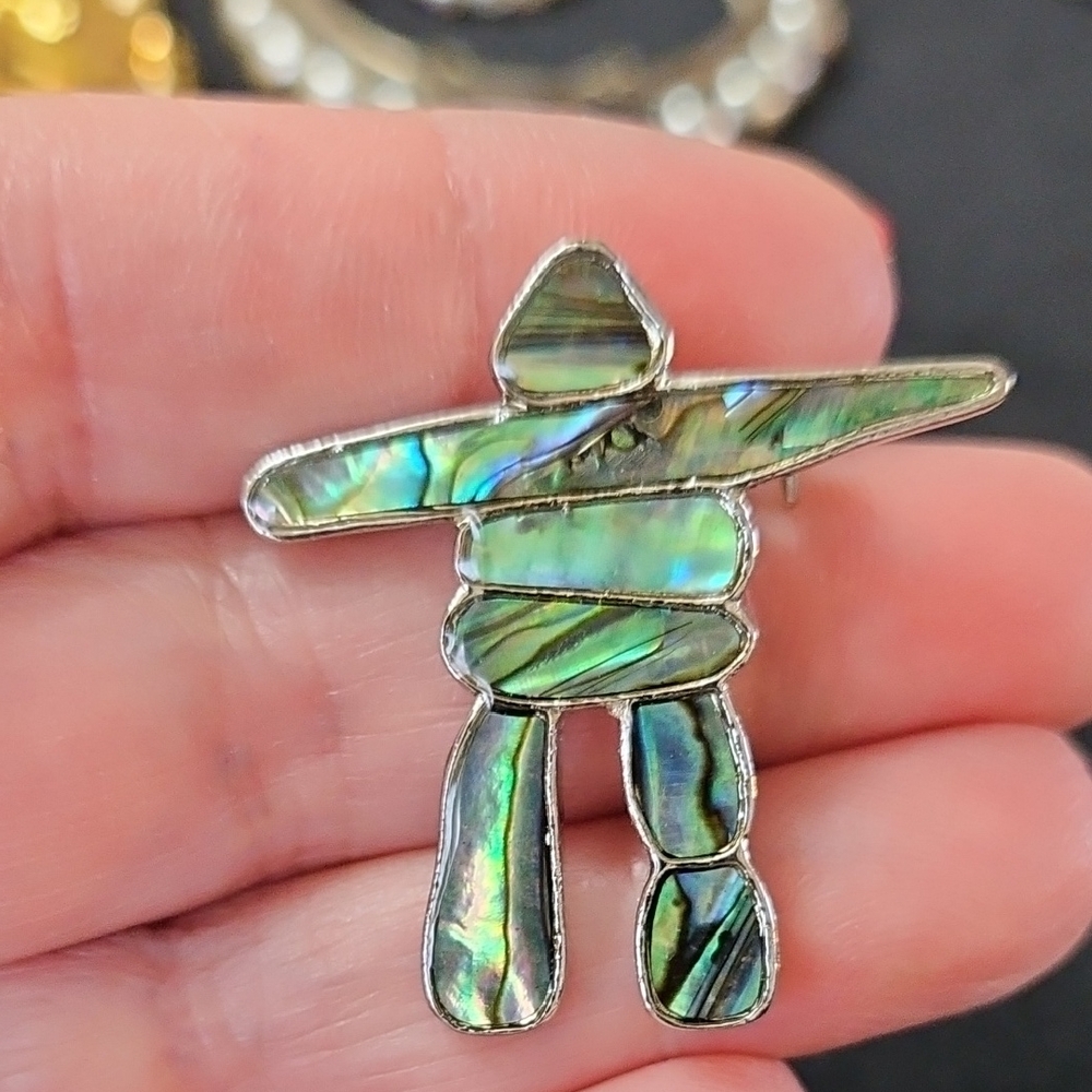 Vintage Abalone Inukshuk Brooch with Iridescent Green